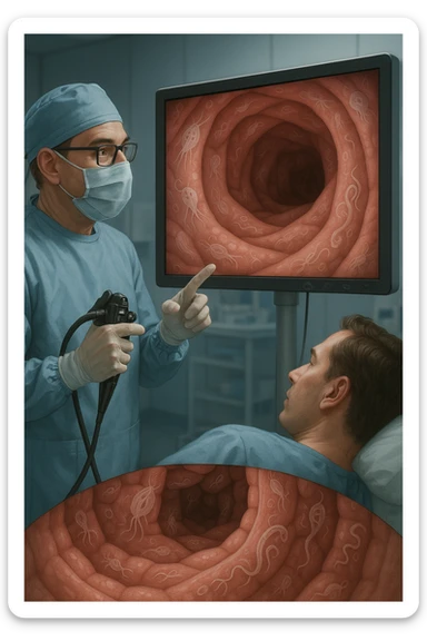 A medical cinematic illustration showing a patient undergoing a colonoscopy in a modern clinical setting. On the monitor, the endoscopic camera shows smooth, healthy-looking intestinal mucosa — clean and without evidentiary signs. But layered symbolically in the background (or faded into the intestinal wall), tiny parasitic organisms like protozoa and helminths are subtly depicted hiding between folds, or embedded deeper in tissues, undetectable by the surface-only scope. The doctor gestures with confidence, while the patient remains unaware that the test might not reveal the true underlying infection. The scene has cool clinical lighting, shallow depth of field, and realistic anatomy, overlaid with symbolic, almost ghost-like imagery of parasites sticker