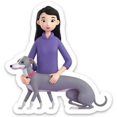 Slim Chinese girl with long black hair holding all grey Italian greyhound sticker