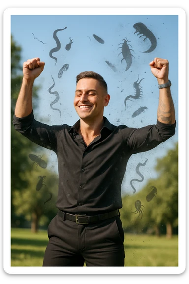a man stands outdoors in bright sunlight, arms raised in relief and joy, while faint, shadowy silhouettes of parasites fall away from his body and dissolve into the air. His posture is upright and energetic, his expression serene and healthy. The background features green trees and a clear sky, emphasizing liberation and restored well-being. sticker