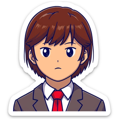 Kiyotaka Ayanokoji from Classroom of the Elite, calm emotionless eyes, medium-length straight brown hair with bangs, serious neutral expression, school uniform with red blazer and tie, face close-up sticker