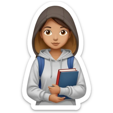 A woman college student with a tote bag over her shoulder and a book in one hand. The student wears a hoodie. sticker