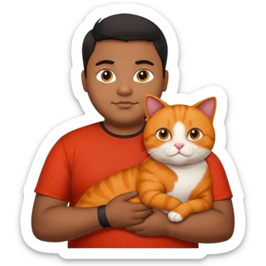 Indian black chubby guy with black middle parted hair in red t-shit with orange cat, age-24 sticker