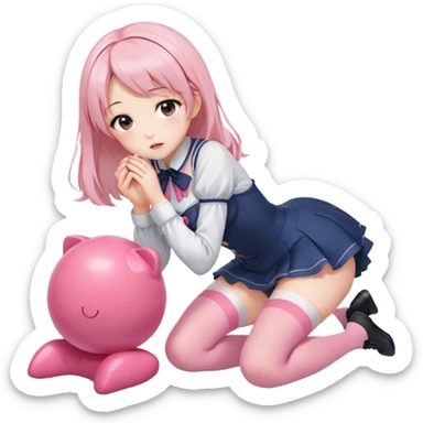 Anime girl in thigh-high stockings, kneeling on the floor while gently kissing a pink object she holds in both hands. Her expression is soft and affectionate, with a slight blush on her cheeks. well-proportioned legs for a polished look sticker