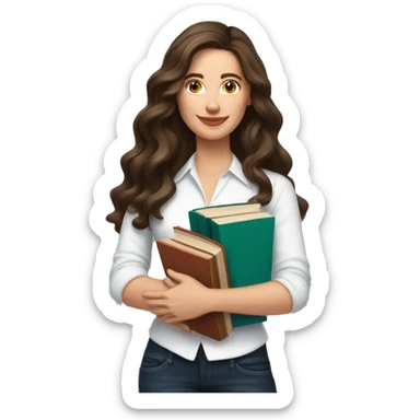 white woman brunette long wavy hair highlights woman while holding large stack of books sticker