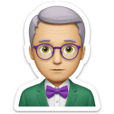 ellow-skinned man with neatly parted brown-gray hair, thick rectangular eyebrows, large round eyes behind thin glasses, a pointed nose, and a green suit with a white collar and purple bow tie. sticker