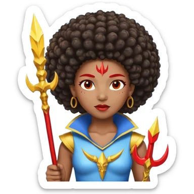 Emoji metisse femboy mais plus masculin avec drapeau ukrainien arriere plan, un afro, sourcils rouge, fourche trident, et eclairs et sur fond bleu clair irrisé. sticker