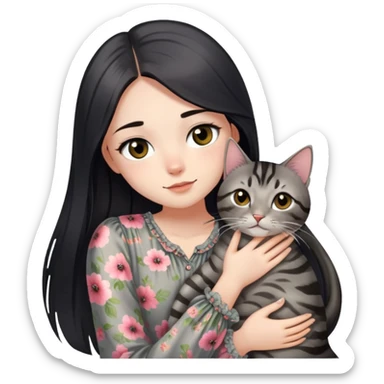 A girl who has shiny silk black straight long hair wearing a flowy floral blouse, she has black eyes too, and is hugging a grayish-brown tabby cat  sticker