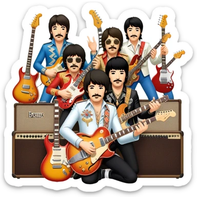 Rock music icon: dynamic collage of global rock legends like The Beatles, Jimi Hendrix, Elvis Presley, Led Zeppelin, Queen, and Nirvana, surrounded by guitars, amplifiers, and stage lights. Symbolizing the energy and power of rock music. Transparent background. sticker