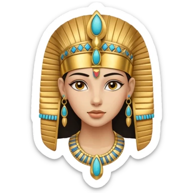 An emoji portrait of a young ancient Egyptian princess. She wears a broad gold collar necklace and a detailed nemes headdress. Her expression is serene and poised. sticker