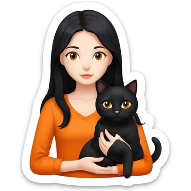A girl with long black hair is holding a black cat, an orange cat, and a black cat sticker