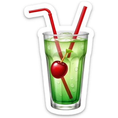 Create an emoji with a clear rounded glass, bright transparent green soda with fine bubbles, a smooth vanilla scoop on top, a glossy red cherry, and a red straw, using vibrant colors, soft shading, and clear glass highlights.
 sticker