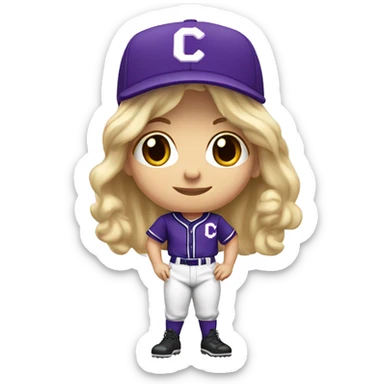 baseball card character. Blonde female long shoulder length hair. letter C logo. white and purple uniform. sticker