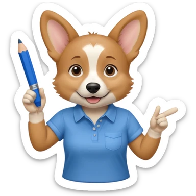 perrita caricatura gorgi gales trabajadora con camiseta celeste apuntando con un lapiz hacia el costado izquierdo sticker