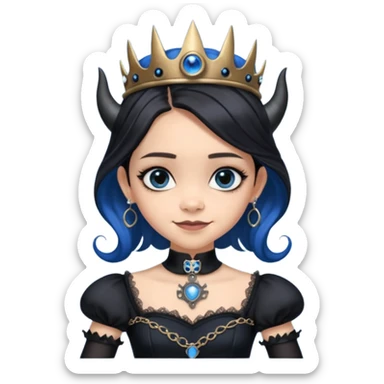 Tight fitting relaxed dressed, Holey and worn black evening gown with see-through wispy black gloves, holding arms-crossed in front smiling cute pose witchy mysterious Jenna Ortega as student Addams woman wearing a steampunk style mini tiara, very large blue evil-looking horned old evil eyes  sticker
