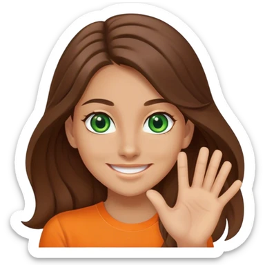 smiling girl with long brown hair, middle hair split, waving, green eyes, orange shirt sticker