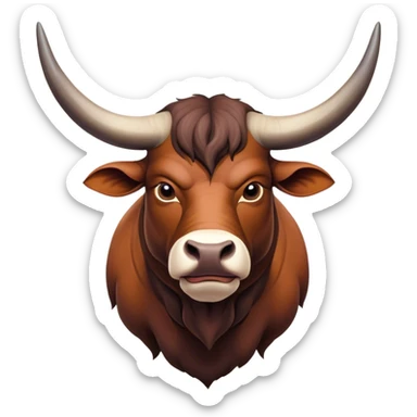 Cinematic Noble Domestic Ox Portrait Emoji, Poised and stalwart, with a massive, muscular build and a thick, smooth hide in deep earthy tones, prominent, curved horns, and steady, soulful eyes, Simplified yet sharp and sophisticated features, highly detailed, glowing with a warm, dignified glow, high shine, intelligent and dependable, stylized with an air of timeless strength, focused and attentive, soft glowing outline, capturing the essence of a watchful and confident ox that feels as though it could plod out of the screen with effortless authority! sticker