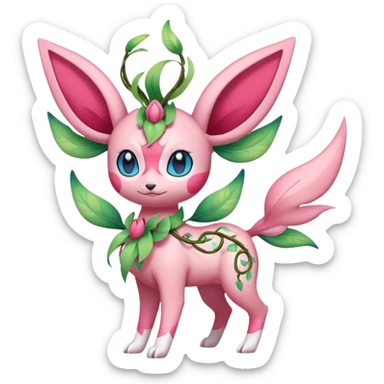 Rosy floral romantic cute Sylveon-Celebi-Leafeon-Pokémon-Digimon-Fakémon-hybrid-fusion-creature with vines entangled around sticker
