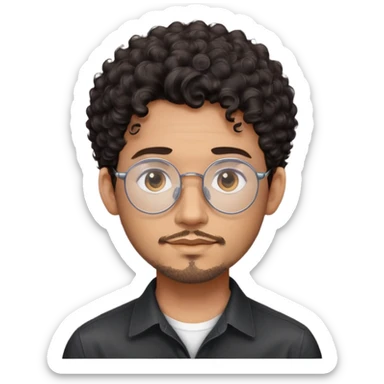 Man with oval-shaped face, large oval metallic glasses, dark curly short hair with high fade, light brown complexion, gentle expression, black button-up shirt sticker