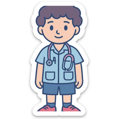 children's game style 2D character, young boy doctor, 8–10 years, soft facial features, big brown eyes, curly brown hair, light blue pediatrician shirt with pockets (pen and tongue depressor), pink and silver stethoscope, blue knee-length shorts, red sneakers, black socks, soft lighting, vibrant, wholesome, friendly sticker