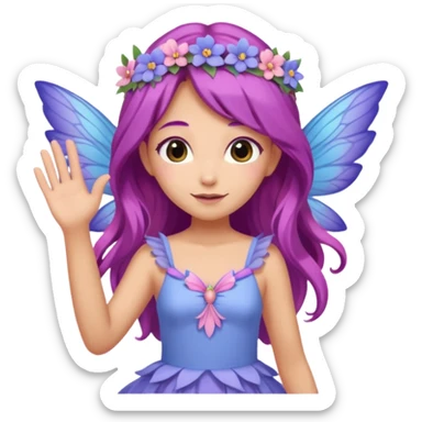 Tan female fairy, long purple hair, flowers on head, large pastel pink blue and purple wings, wearing a, pastel pink dress, Waving with one hand sticker