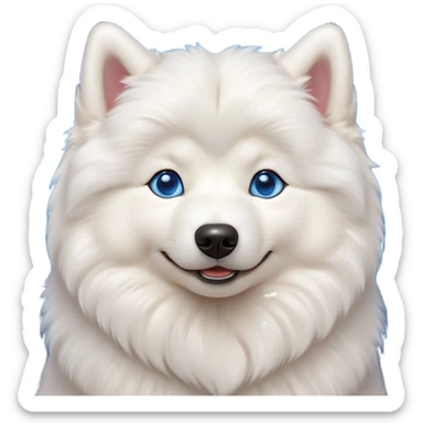 Cinematic Cute Samoyed Portrait Emoji, Head tilted playfully and inquisitively, featuring a fluffy, pristine white Fur with a natural sheen, round, sparkling blue eyes filled with curiosity, Simplified yet irresistibly adorable features, highly detailed, glowing with a warm, friendly glow, high shine, affectionate and lively, stylized with a touch of whimsy, bright and endearing, soft glowing outline, capturing the essence of a mischievous yet loving companion, so playful it feels like it could frolic out of the screen and into your arms! sticker