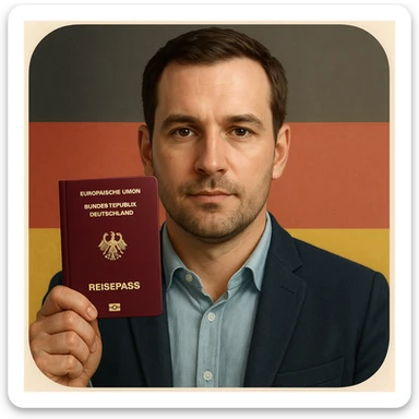 realistic style portrait of a serious but friendly person holding a German passport, with subtle German flag elements, suitable for a mobile app icon about permanent residency or citizenship in Germany sticker