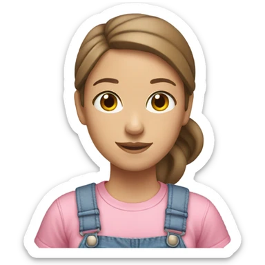 A white woman with brown hair in pony tail wearing white headband, pink t shirt and overalls  sticker