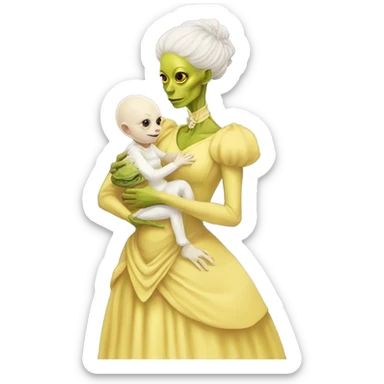  Reptilian alien woman , full body, in victorian jellow elegant dress , holds a newborn white humman baby sticker