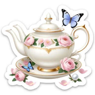 A luxurious Victorian tea set with gold accents, featuring a porcelain teacup filled with herbal tea, surrounded by scattered blush pink rose petals and white peony blossoms, with a periwinkle-tinted pearl butterfly perched on the rim. sticker