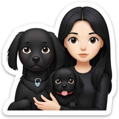 A girl with long black hair wearing black clothes holding a black dog in one hand sticker