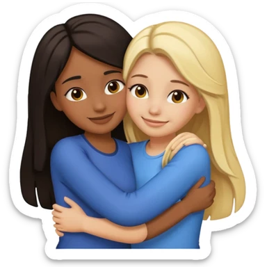 two girls hugging, one with dark hair and one with blonde hair, best friends, emoji style sticker