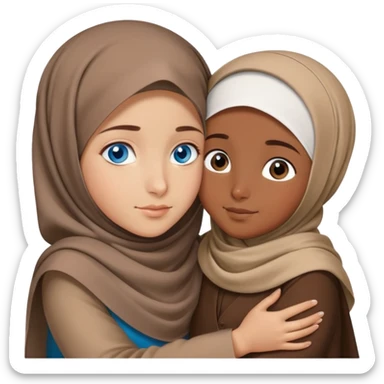 Turkish beautiful finish Konya girl blue eyes with brown beige hijab islamic dress and hugs with big boy brother  sticker