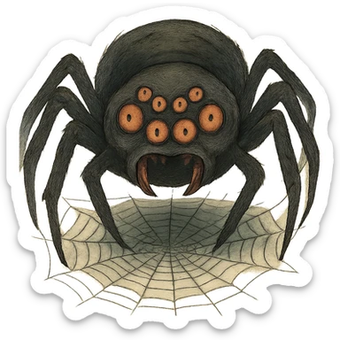 creepy spider with too many eyes, looming over a web, horror illustration sticker