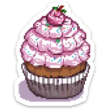 pixel art cupcake with pink icing and a bite taken out sticker