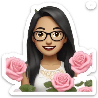 Asian girl, smiling with teeth, fair skin, black long hair, black eyes, black glasses with gold frames, red lipstick, wearing a white lace tank top and a black office jacket on top, with pink and red roses around her. sticker