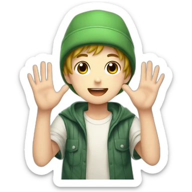 a anime boy wearing a green hat and holding his hands up, a digital rendering, remodernism, and celebrate sticker