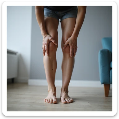 woman standing with one hand on knee and one on foot, suffering expression, pain caused by orthotic insole, realistic style, clinical environment sticker