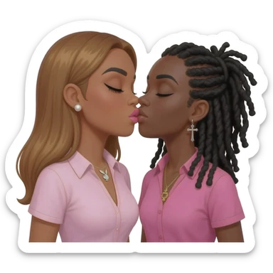 Bimbo, pearl earrings stud, Light pink cute lips, black eyebrows, long honey brown hair, dark brown skin, playboy necklace with lashes, light pink shirt, kissing the goth black girl with pink shirt, with brown skin, cross earrings, ankh necklace with black dreadlocks sticker
