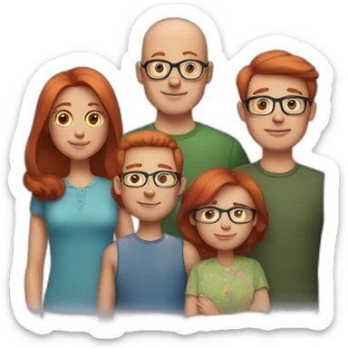 their family consists of 3 people - a mother with red hair, a father with brown hair on the sides and a small bald spot in the center, a 12-year-old boy with brown hair in glasses sticker