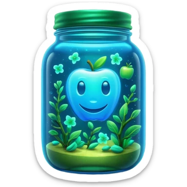 3D render of Firefly Jar, bioluminescent deep sea style, glowing neon blue and green lights, dark background to contrast the glow, translucent organic textures, Apple emoji style. sticker