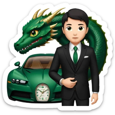 mysterious scenery: green audemars piguet watch (without text), black bugatti, and a dark green dragon, and a mysterious chinese agent from The Matrix with his eyes censored sticker