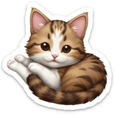dark brown tabby and white kitten eyes closed whilst in funny positions stretched out and  upside down sticker