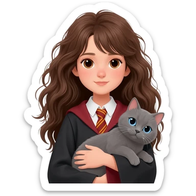 Asian girl with long messy wavy brown hair and brown eyes wearing Ravenclaw robe from Harry Potter, holding a gray cat with blue eyes in hands sticker