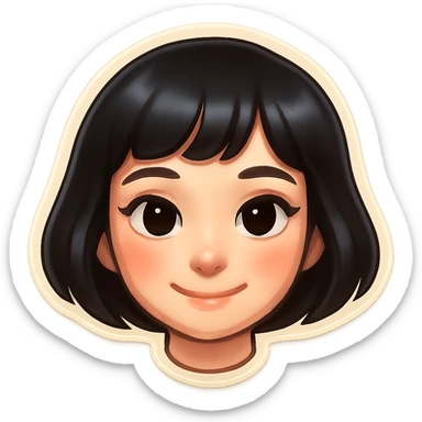 young very cute girl with pale skin, black bob haircut, light makeup, big kind eyes, soft smile, neat facial features, Telegram sticker style, head only without neck, white background sticker