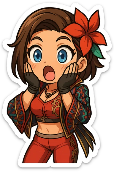 Azucena from Tekken 8 in chibi sticker style, shocked with hands on cheeks, standard Twitch emote, wearing her detailed red and patterned outfit as shown in the reference images. sticker