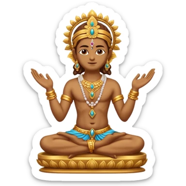 a golden statue of a Hindu deity seated in a cross legged posture with one hand in a blessing gesture, adorned with ornate jewelry�. The figure sits on a decorated pedestal, radiating a sacred and traditional aura�. sticker