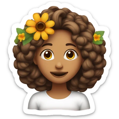 Mulher cabelos compridos lisos de cor castanho com flores sobre cabeça, jogando beijo de lado de coração sticker