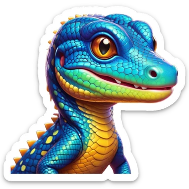 Cinematic Cute Monitor Lizard Portrait Emoji, Head tilted playfully and inquisitively, with a sleek, patterned body accented by vibrant hues and round, sparkling eyes full of wonder, Simplified yet irresistibly adorable features, highly detailed, glowing with a warm, friendly glow, high shine, affectionate and lively, stylized with a touch of exotic charm, bright and endearing, soft glowing outline, capturing the essence of a mischievous yet captivating lizard that seems as if it could scuttle out of the screen into your arms! sticker
