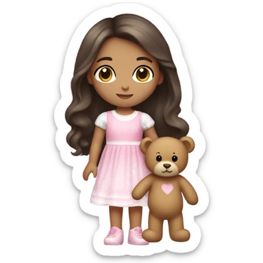 Little Girl with White skin, black eyes. Long brown hair with. She is wearing a pink and White dress, standing and holding on to a teddybear. sticker
