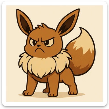 Eevee with a grumpy face, standing tall and puffed up, looking fierce, cartoon style sticker